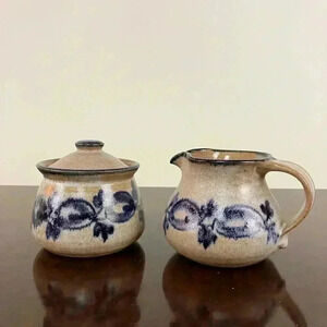 Berkshire Pottery Creamer & Covered Sugar Bowl Handpainted Stonewear Art Pottery